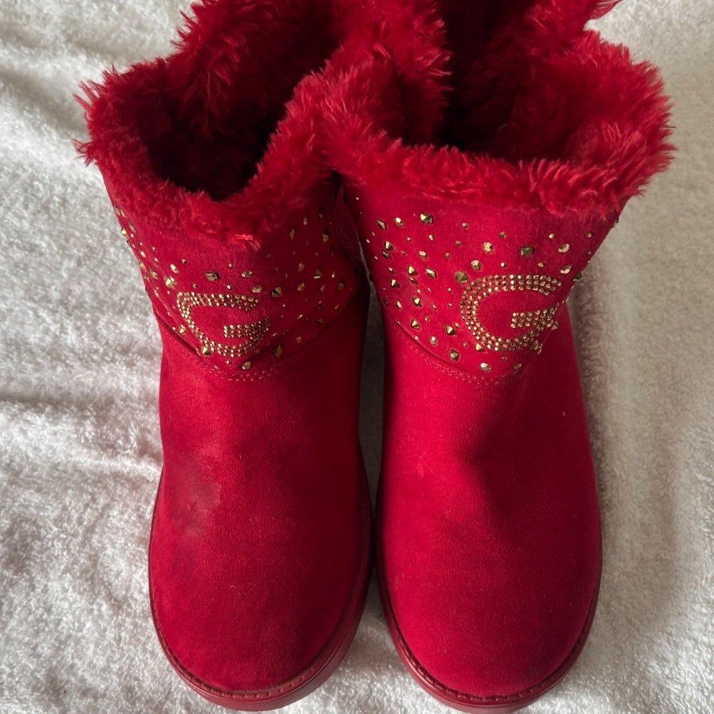 GBG Los Angeles Red Ankle Boots with Gold Accents